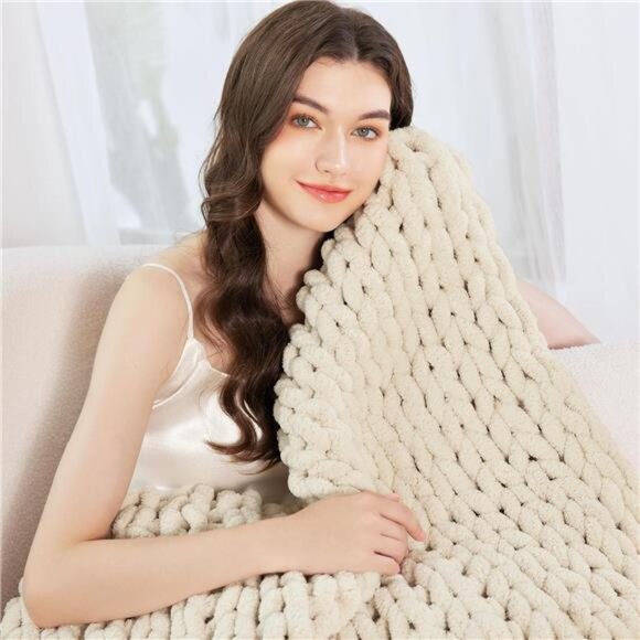 Chunky Knit Blanket Throw 51"x63", 100% Hand Knit Chenille Throw - Picture 2 of 7